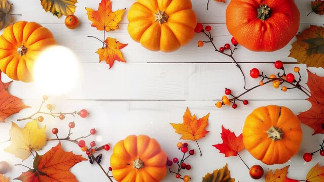 white background with festive autumn decor from pumpkins berries. seamless looping overlay 4k virtual video animation background