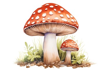 Watercolor illustration of Amanita muscaria mushroom in the grass.