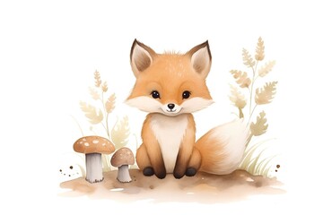 Obraz premium Cute watercolor fox and mushrooms isolated on a white background.