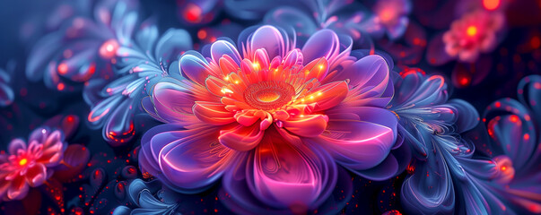 a blue and orange flower with glowing petals on a dark background