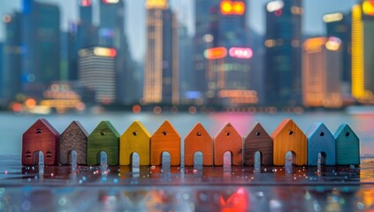 Obraz premium Vibrant Miniature Wooden Houses Forming a Symmetrical Cityscape in Blurry Background