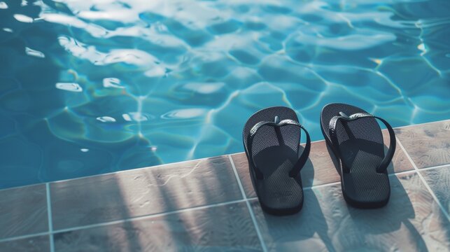 Blank mockup of classic black flip flops on a poolside backdrop .