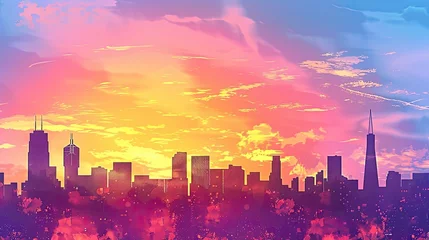 Gordijnen Vector art featuring abstract cityscape silhouettes with gradient skies © 220 AI Studio