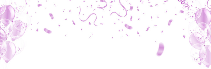 Vector party balloons light pink illustration. Confetti and flag ribbons, Celebration background template