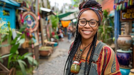 A woman with dreadlocks and glasses is smiling in front of a market