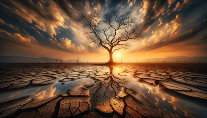 a lone, leafless tree standing in the center of a cracked, dry earth