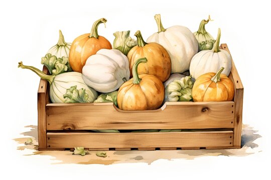 Hand drawn watercolor illustration of pumpkins in a wooden box.