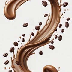 Milk Brown coffee liquid swirl splash and little bubbles with falling coffee Beans
