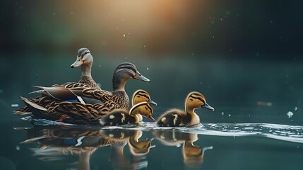 A family of ducks gliding serenely across a glassy pond, their gentle quacking filling the air