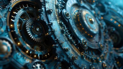 Interlocking gears and cogs rotating in perfect synchrony, symbolizing the intricate machinery of the universe. - obrazy, fototapety, plakaty