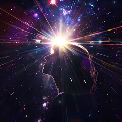 Fototapeta na wymiar Guiding Light: Girl Gazing at Bright North Star,spiritual mindfulness consciousness