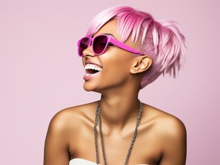 A woman with pink hair and sunglasses is smiling and laughing