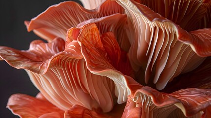 Close up of Red Oyster Mushrooms, showing the fine detail in their fins. Coral coloured - obrazy, fototapety, plakaty