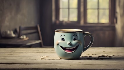 The contrast of the smooth, glossy surface of a smiling mug against the rough, weathered texture of a rustic table, creating a visually stunning and intriguing image.