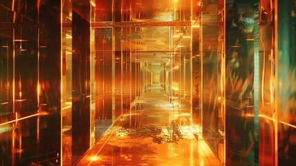 Ribbons of light weaving through a labyrinth of mirrors, creating an endless corridor of reflection and refraction.