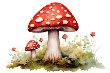 Amanita muscaria, fly agaric in the grass. Watercolor illustration