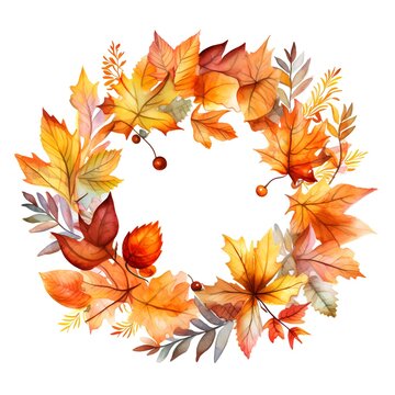 Watercolor autumn wreath with leaves. Hand painted illustration on white background