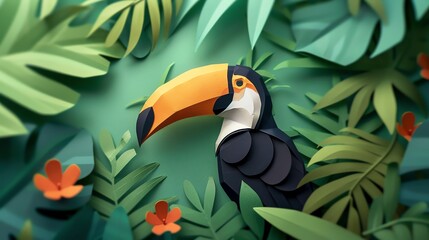 
A cute toucan, layered paper style, paper folding art, A gorgeously rendered papercraft world, graphic design