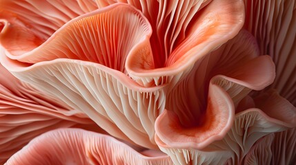Close up of Red Oyster Mushrooms, showing the fine detail in their fins. Coral coloured - obrazy, fototapety, plakaty
