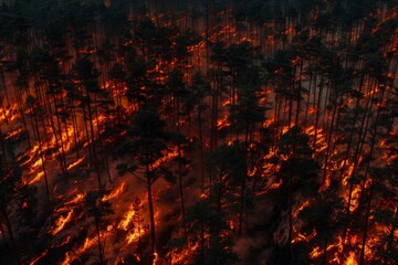 Wildforest fire burning forest trees eecological disaster smoke aerial view from helicopter danger death animals damage hazard blaze pollution tragedy
