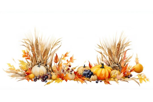 Autumn background with pumpkins and wheat ears. Vector illustration.