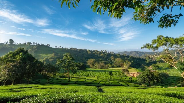 Scenic Blue Sky Over Tea Plantations in a Hill Station