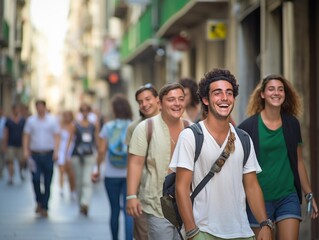 Obraz premium A group of people are walking down a street, with one man wearing a backpack