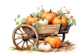 Watercolor illustration of a wooden cart with pumpkins and autumn leaves