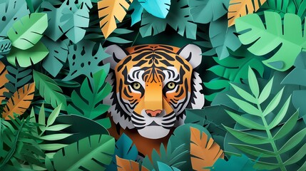 Fototapeta na wymiar A cute tiger ,layered paper style, paper folding art, A gorgeously rendered papercraft world, graphic design,
