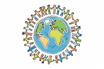 Naklejka premium Cartoon cute doodles of a diverse group of people holding hands around the Earth, symbolizing unity and peace, Generative AI