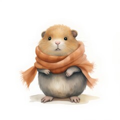 Fototapeta premium Cute hamster in orange scarf isolated on white background. Watercolor illustration.