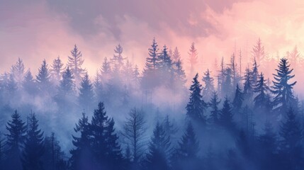 Trees in the fog with a pink sky - obrazy, fototapety, plakaty