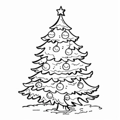 Coloring page of a decorated Christmas tree. black and white illustration isolated on white background.