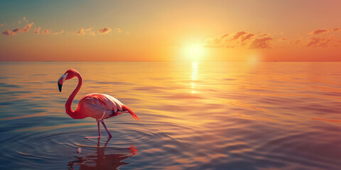 Bird - Greater Flamingos (Phoenicopterus ruber) outdoors - obrazy, fototapety, plakaty
