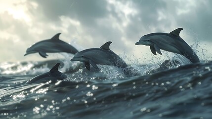 A group of dolphins gracefully leaping out of the water in sync, creating a beautiful arc against the horizon