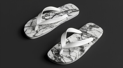 Blank mockup of flip flops with a trendy marble print on a sleek black background . - obrazy, fototapety, plakaty