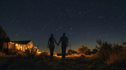 A couple holding hands as they take a romantic walk through the camp admiring the clear night sky and counting shooting stars. 2d flat cartoon.