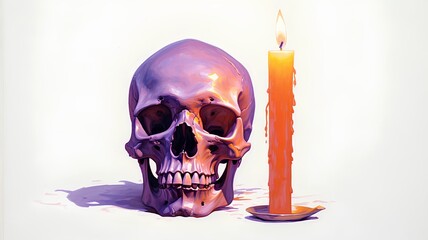 Human skull with candle. Halloween concept. 3D render illustration.