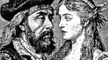A man and a woman are shown in a black and white drawing. The man is wearing a hat and the woman is wearing a ribbon