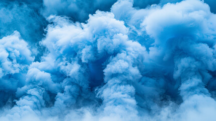 The sky is filled with blue smoke. The smoke is thick and dense, creating a hazy atmosphere. The blue smoke is swirling and billowing, giving the impression of a storm or a natural disaster