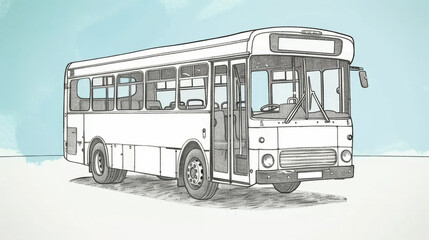 A bus is drawn in a sketchy style with a blue sky background. The bus is white and has a large window on the front