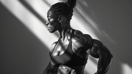 The angular shadows on her toned arms create a visually striking contrast to the subtle curves of her muscles. .