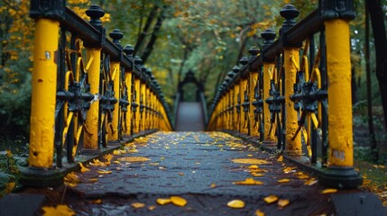 Yellow railings and leaves on park walkway