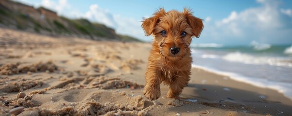 A puppy running on the beach - obrazy, fototapety, plakaty