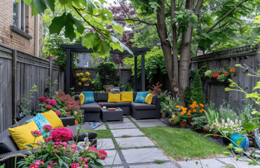 Fototapeta na wymiar A photo of an urban backyard garden with colorful outdoor furniture, lush green plants and flowers, grey pavers in the yard, a wooden fence