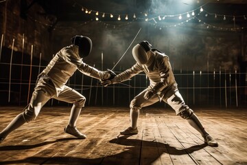 Intense fencing duel between skilled opponents,Two People Holding Fencing Weapons,  Ai generated