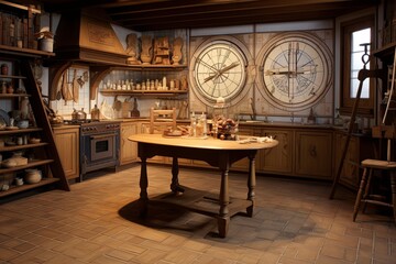 Alchemist's Laboratory Kitchen Concepts: Astrological Charts Meet Exquisite Parquet Flooring - obrazy, fototapety, plakaty