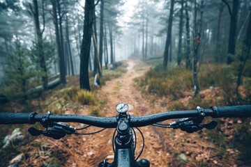 Intense mountain biking through a forest trail, Mountain biker rides through forest at sunset, Ai generated