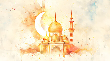 watercolor illustration of Islamic mosque with crescent moon, eid ul adha greeting background - obrazy, fototapety, plakaty