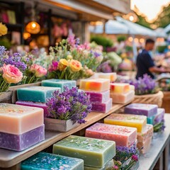A farmer's market stall with handmade floral soap bars in eye-catching multi color hues